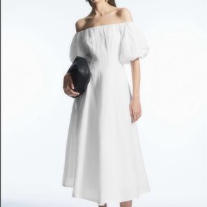 COS White Linen Blend Off-The-Shoulder Puff-Sleeve Midi Dress Size 6 Feminine